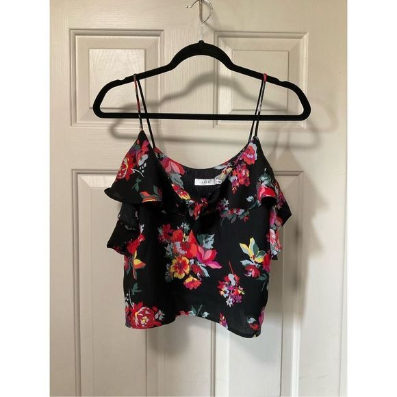 Lush Floral ☀️ Cold Shoulder Ruffle Flow Crop Top Blouse Size Medium - Picture 1 of 8